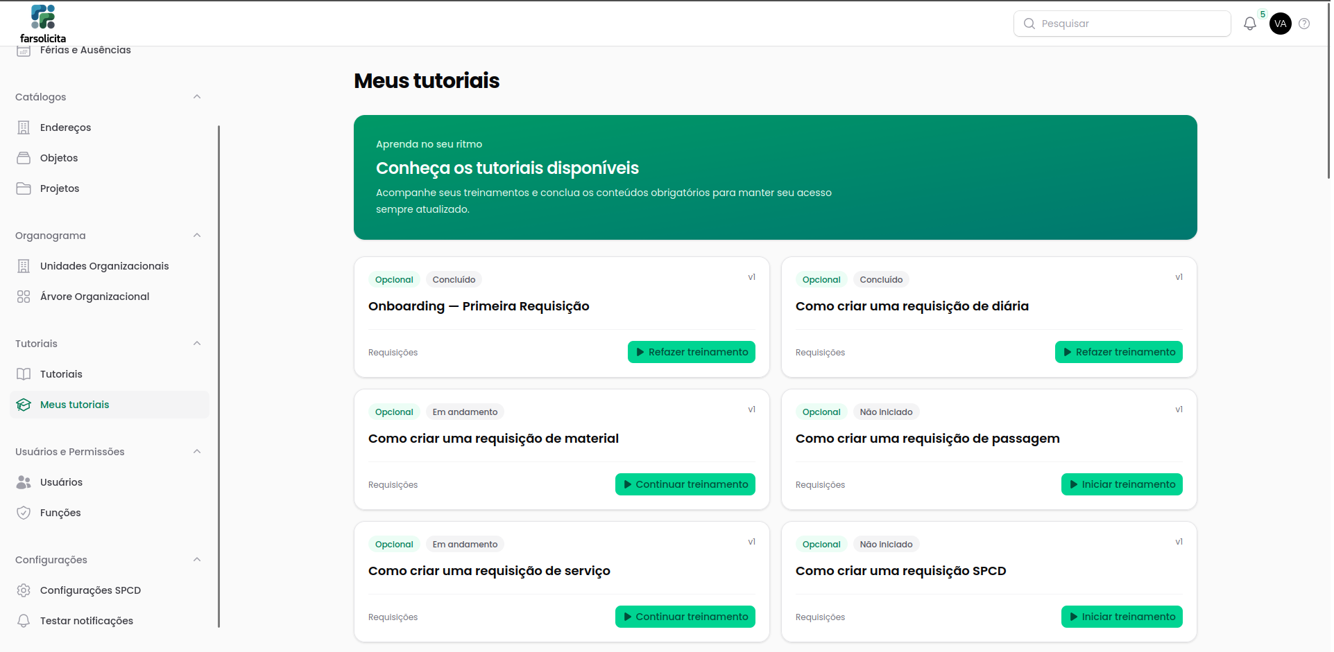 Área de tutoriais do Farsolicita