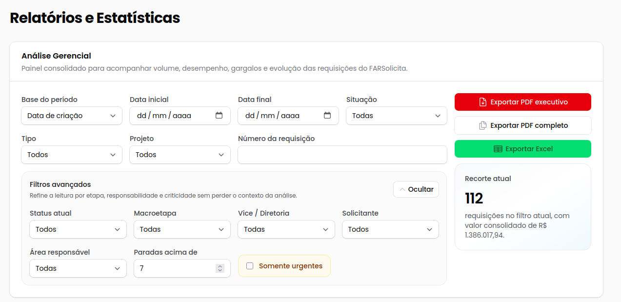 Filtros simples e avançados da página de relatórios