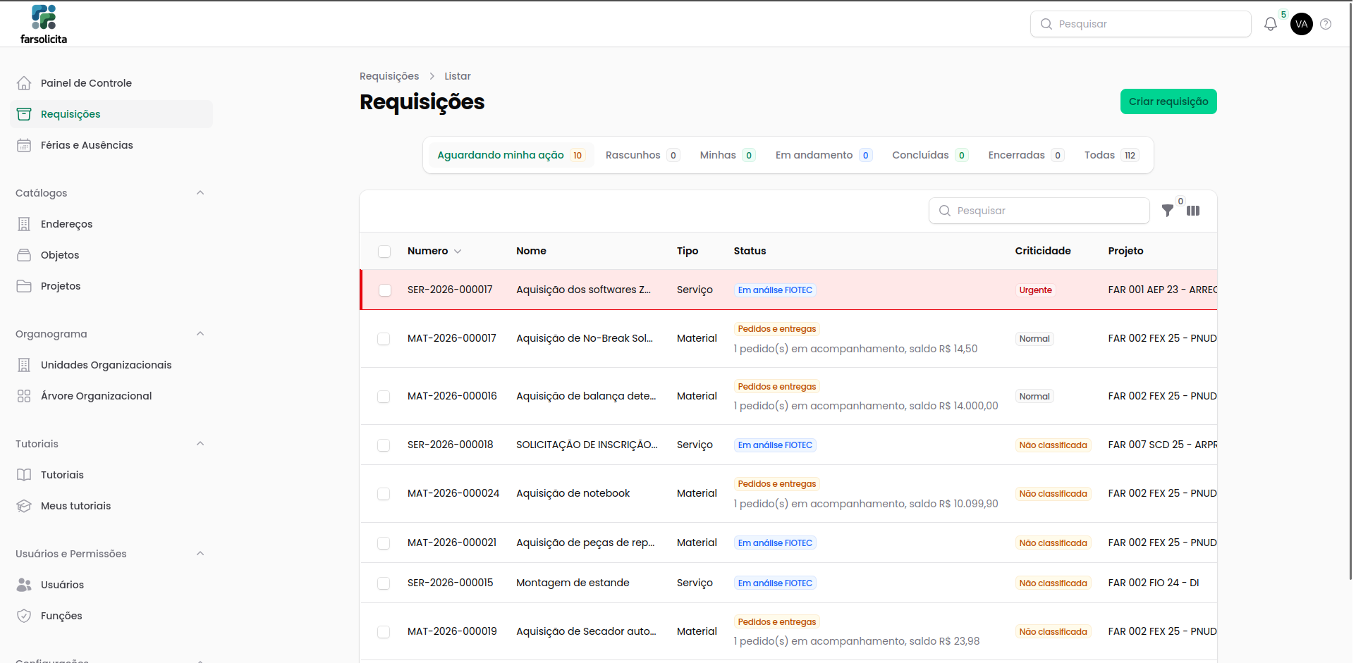 Lista de requisições com os filtros disponíveis
