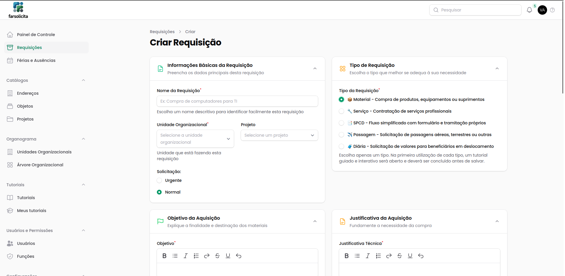 Tela de nova requisição com o tipo Material selecionado