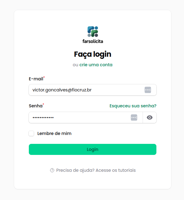 Tela de login com os campos de e-mail e senha preenchidos