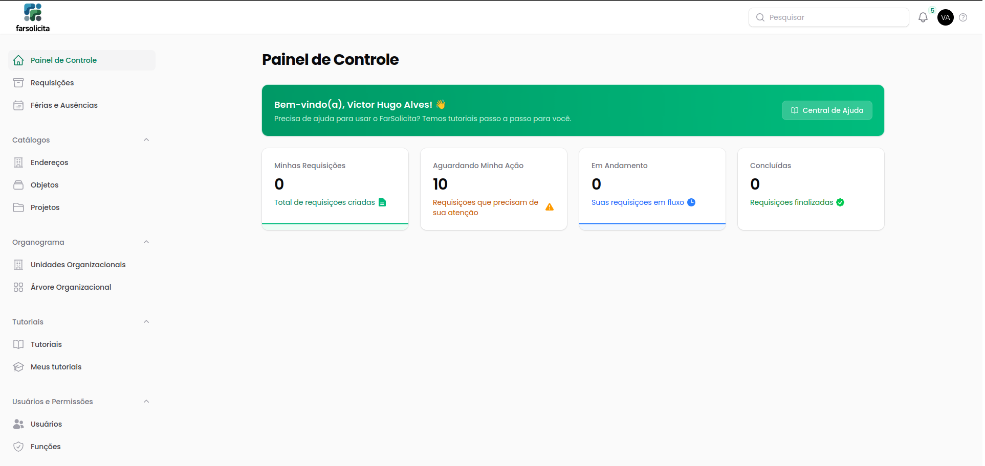 Página inicial do Farsolicita após o login