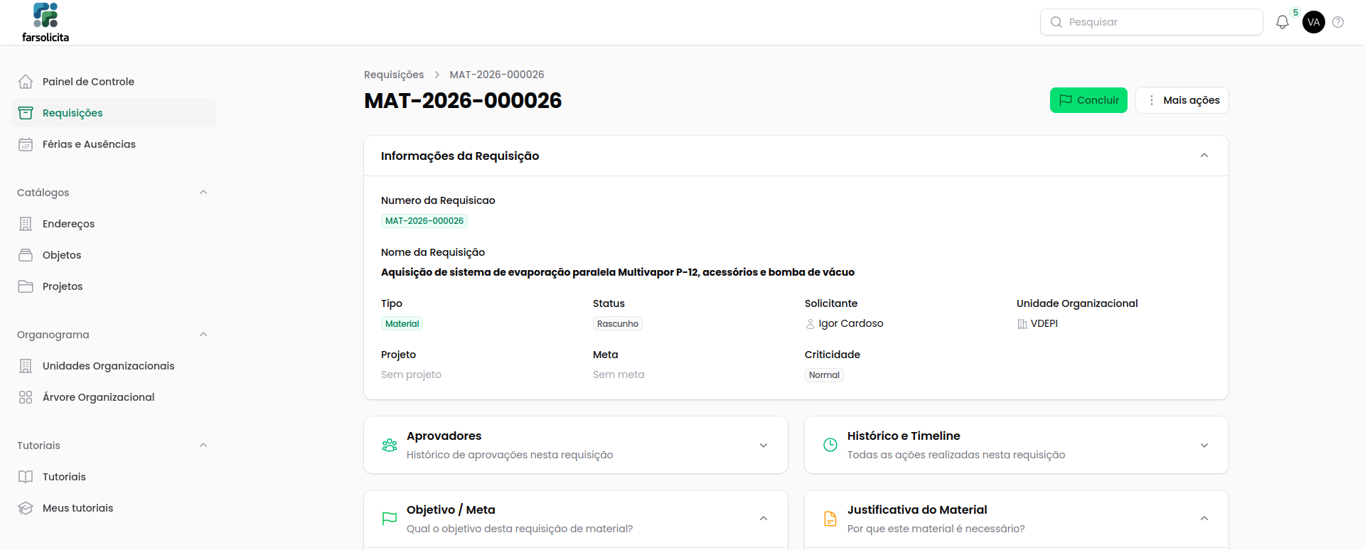 Rascunho de requisição de material salvo