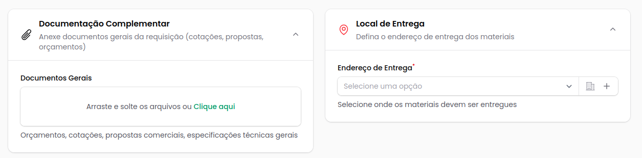 Seção de entrega e documentos da requisição de material
